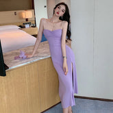 2025 Summer Women's clothing gentle Sweet chest Fold Fashion Slim Side Split Sling Wrap buttocks Wrap buttocks Long Dress T0E2