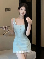 Korean Sweet Small Fragrance Tweed Dresses For Women 2025 French Fashion 3D Flower Summer Dress Hotsweet Sexy Tank Party Dress