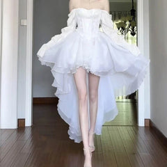 Elegant White Off Shoulder Fairy Dress Chic Princess Puff Dress Mesh Puff Large Hemline Long Dress Girl Birthday Party Dresses