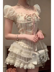 Sweet Square Collar Bow Puff Sleeve Slim Fit Floral Tops Women+ High Waist Ruched Lace Skirts 2024 Summer New Two Piece Sets