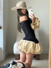 Contrast Color Slim Ball Gown Dress Female Long Sleeve Patchwork Elegant Mini Dress Sexy Hot Girl Party Club Clothing New