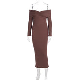Elegant Brown Knitted Long Dress For Women One-shoulder Ruched Sexy Sweater Dress Slim Plunge Club Party Dress Female