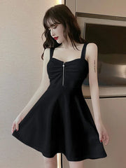 2025 New Sexy Dress Mesh Red Strap A-line Slim Fit Slim Ruffled Low Chest Zipper Korean Style Short Dress Women Charm PG9J