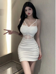 2025 Summer Women's New Sexy Spicy Girl Double Layer Gauze Splice chest Fold Wrap buttocks Solid Color Fashion sling Dress Z2ZX