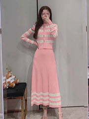 New Korean Fashion Casual Striped Knitted 2 Piece Set Women Sweater Cardigan Tops + Long Skirt Sets Female Sweet Two Piece Suits