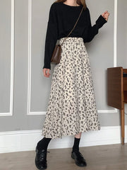 Vintage Floral Print A-line Pleated Long Skirts Summer Women 2024 Korean Skirt Streetwear Drawstring Elastic Waist Midi Skirt
