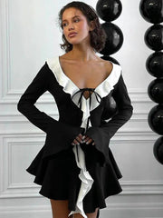 Contrast Color Ruffled Flare Sleeve Mini Dress Women's Lace Up Elegant Sexy Deep V Neck Bodycon Party Dresses Female New