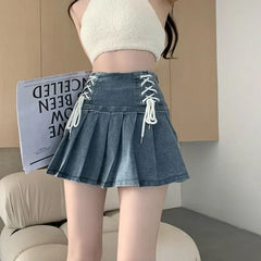 Korean Chic Blue Denim Skirt for Women 2024 Summer New High Waist A-line Skirts Y2k E-Girl Drawstring Bow Faldas Mujer