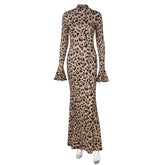 Leopard Print Stand Collar Sexy Dress For Women Fashion Ruffle Sleeve Slim Maxi Dress Female 2025 Autumn New High Street