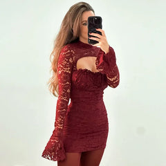 Lace Splice Chest Hollow Dress Women's Tight Waist Sexy Slim Flare Sleeve Mini Dress Solid Elegant Hot Girl Party Outfit