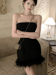 HotSweet Korean Sexy Club Strapless Tweed Short Dress For Women 2025 Summer Luxury Diamond Small Fragrant Evening Party Dress