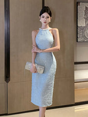 2025 New Summer Elegant Fashion Slim Fit Evening Dress For Women Hanging Neck Luxury Pearl Beading Small Fragrance Party Dress