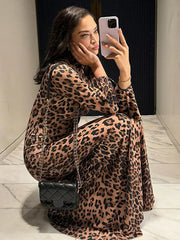 Leopard Print Stand Collar Sexy Dress For Women Fashion Ruffle Sleeve Slim Maxi Dress Female 2025 Autumn New High Street