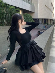 korean style black square neck long sleeved dress for women's spring autumn new bow tie high waisted cake skirt fluffy skirt 752