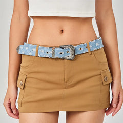 Fashion Vintage Blue Denim Belt with Retro Carved Pattern and Needle Buckle Y2k Belt Straps for Women Jeans Dress Accessories