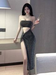 Dresses Sexy Sequin Sparkling Spicy Girl Hollow Top High Waisted Slit Long Dress Nightclub Two-piece Dress Elegant S2EY