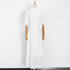 2025 New Top Hollow Out Embroidery Dress For Women V Neck Half Sleeve High Waist Elegant Dresses Female Fashion New Clothin