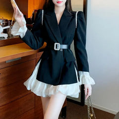 Elegant Vintage Diamond Slim Fit Long Sleeve Black Coat Women+ High Waist Patchwork Skirts Early Autum New Two Piece Sets
