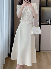 Fashion Korean Sweet Elegant 2 Piece Set Summer Office Lady Skirt Suits Ruffles Collar Knee-length Clothing For Women