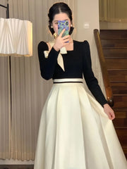 Elegant Hepburn Women Dresses Spring Korean Fashion Chic Square Collar Bow Long Sleeve Vestidos Patchwork Prom A Line Dress New