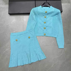 High Street Fashion Knitted 2 Piece Skirt Set Casual O-neck Long Sleeve Sweater Cardigan Coat + High Waist Skirt Suits For Women