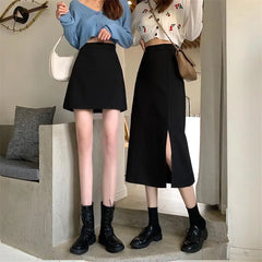 Black Skirts Women Mid-calf College A-line High Waist Korean Style OL All-match Friends Streetwear Chic Female Bottom