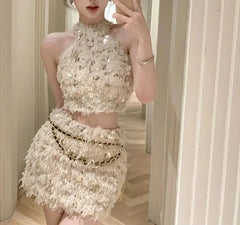 Spring Outfit Korean style Fashion Small Fragrance Sequins Two Piece Set Women Halter Top + Skirt Sets Summer Tweed Sweet 2 Piece Suits