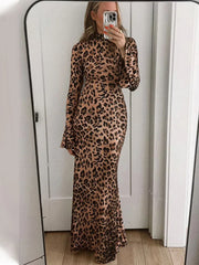 Leopard Print Stand Collar Sexy Dress For Women Fashion Ruffle Sleeve Slim Maxi Dress Female 2025 Autumn New High Street