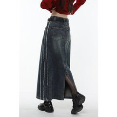 Back to school Spring Vintage Blue Women Denim Skirt Streetwear American Style Casual High Waist Ladies Slit Jean Medium and Long A-line Skirt
