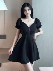2025 Summer New Women's Light Mature Sexy Deep V Zipper Puff Short Sleeve fashion A-line Waist retraction Solid Color Dress GPUQ