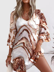 A-Line Flared Sleeves Layered Printed Split-Joint V-Neck Mini Dresses