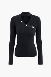 Long Sleeve Cut Out Button Ribbed Knit Wrap Top