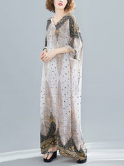 Ethnic Printed Plus Size V-Neck Batwing Sleeve Maxi Dress