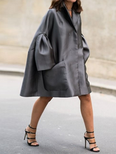 Flared Sleeves Long Sleeves Pockets Solid Color Notched Collar Mini Dresses Shirt Dress