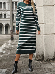 Long Sleeves Loose Split-Joint Striped Round-Neck Midi Dresses Sweater Dresses
