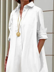 Long Sleeves Loose Pleated Ruffled Solid Color Split-Joint Lapel Midi Dresses Shirt Dress