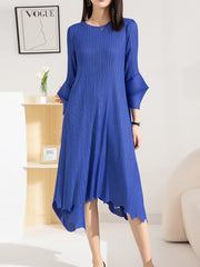 Pleated Solid Color Irregular clipping Loose Round-neck Midi Dresses
