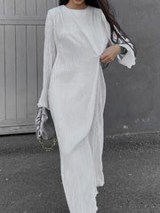 Pleated Solid Color Long Sleeves Loose Round-neck Maxi Dresses