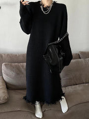 High Waisted Long Sleeves Fringed Solid Color Round-Neck Midi Dresses Sweater Dresses