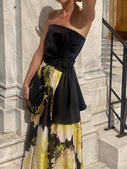 Black Tube Tops & Flower Printed Long Skirts Two-Piece Sets