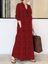 Vintage Printed Lapel Long Sleeve Shirt Maxi Dress