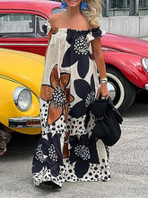 Flower Print Split-Joint Loose Short Sleeves Off-The-Shoulder Maxi Dresses