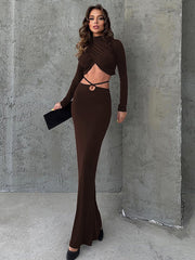 Fall New Skirts Suit Solid Color Long Sleeve Crop Top Twist Ruched Slim Lace Up Sexy Navel Exposed Skirt Matching Sets