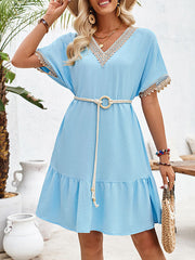 Short Sleeves Belted Split-Joint V-neck Mini Dresses