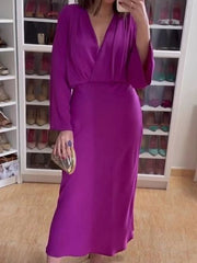 Solid Color Satin Long Sleeves Elegant Maxi Dresses