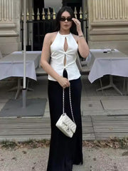 Bows Halter Neck Solid Tank Top Low Waist Mini Skirt Two Piece Set Woman Hollow T-shirt Backless Fashion Slim Skirt Suit