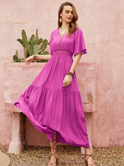 Vacation Half Sleeves Wrap Solid Color V-Neck Maxi Dress