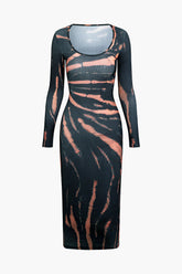 Printed Ribbed Round Neck Long Sleeve Maxi Dress