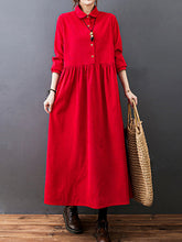 Vintage Split-Joint Solid Color Long Sleeves Lapel A-Line Corduroy Midi Dress