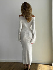 Knit Long Sleeve Slim Dress For Women Elegant One-Shoulder Sexy Long Gown Dresses Solid Rib Sweater Dress Autumn WinterChristmas Gifts